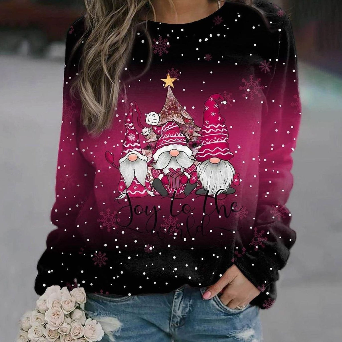 Lea | Pull de Noël pour Femme Coupe Ample Motif Lutin Encolure Ronde - Rose