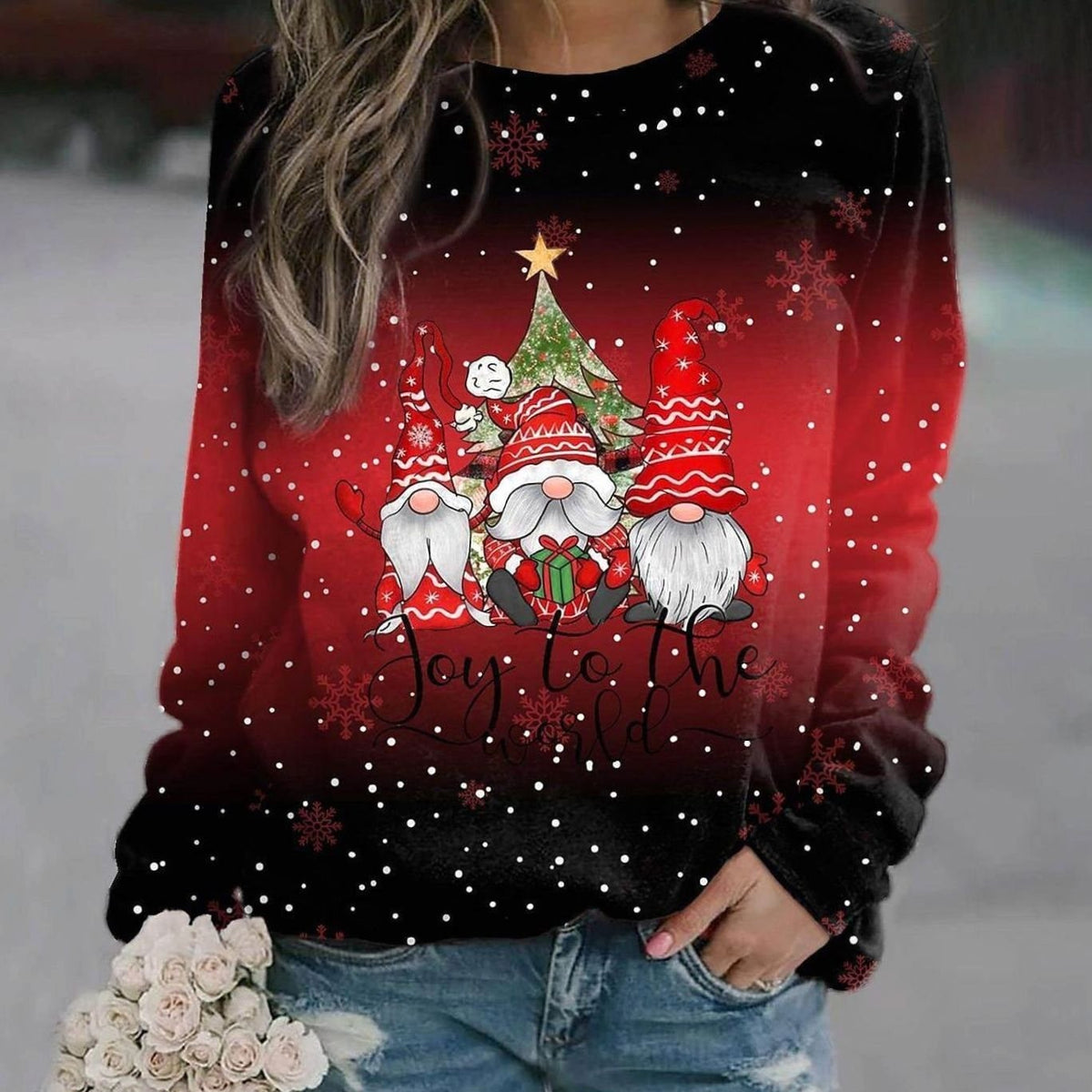 Lea | Pull de Noël pour Femme Coupe Ample Motif Lutin Encolure Ronde - Rouge