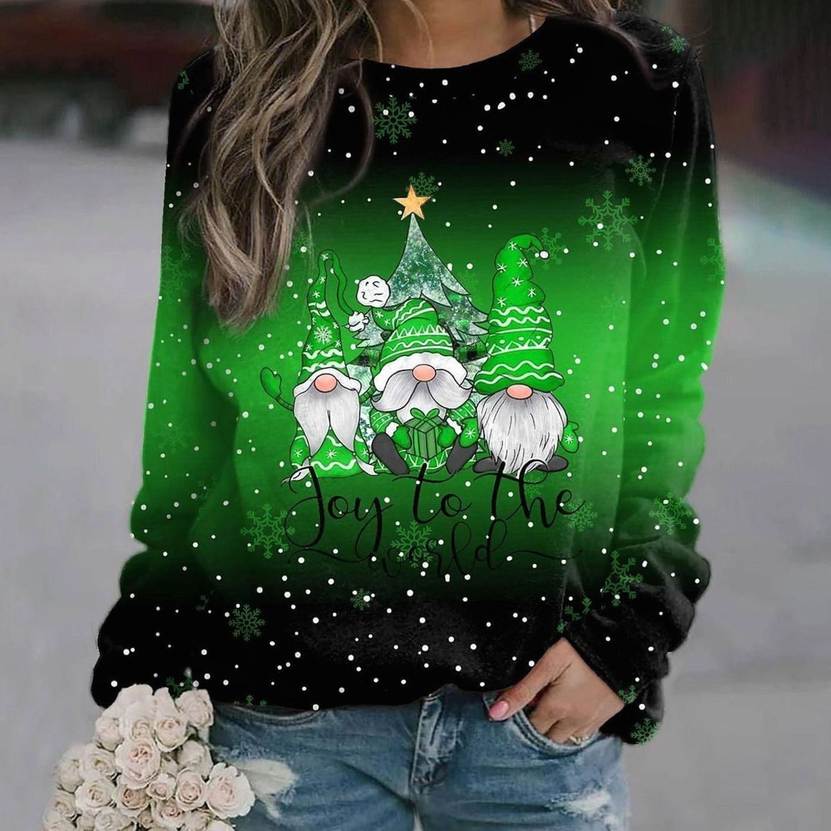 Lea | Pull de Noël pour Femme Coupe Ample Motif Lutin Encolure Ronde - Vert