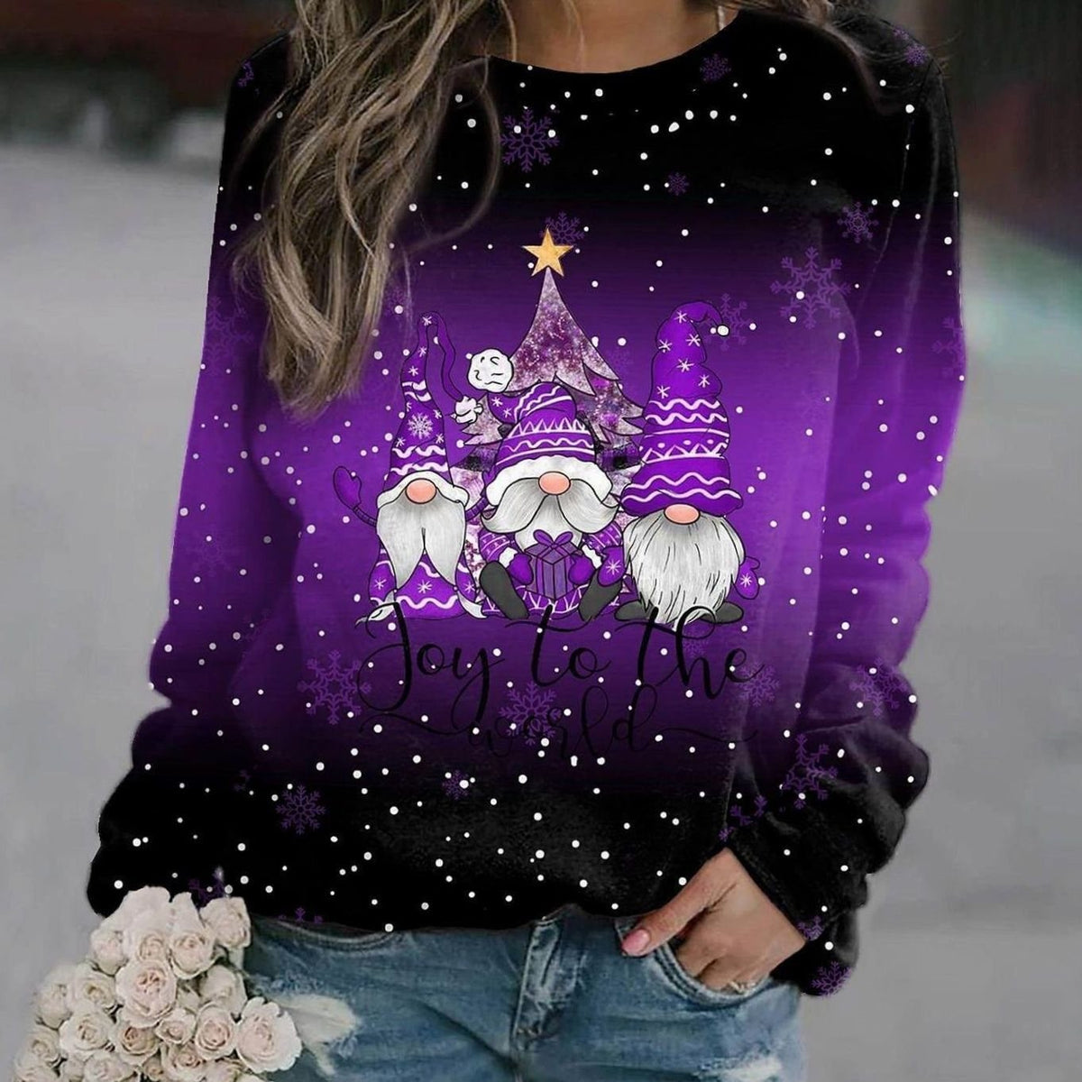 Lea | Pull de Noël pour Femme Coupe Ample Motif Lutin Encolure Ronde - Violet