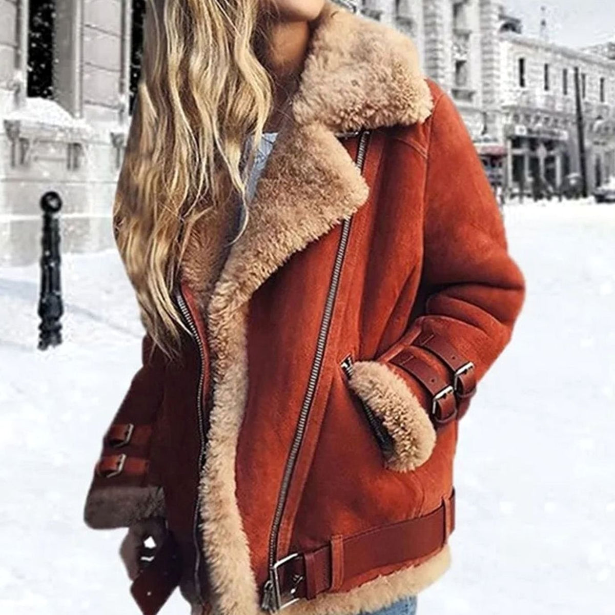 Lea | Veste Motard pour Femme simili-cuir Vegan Doublure Agneau Asymétrique - Orange