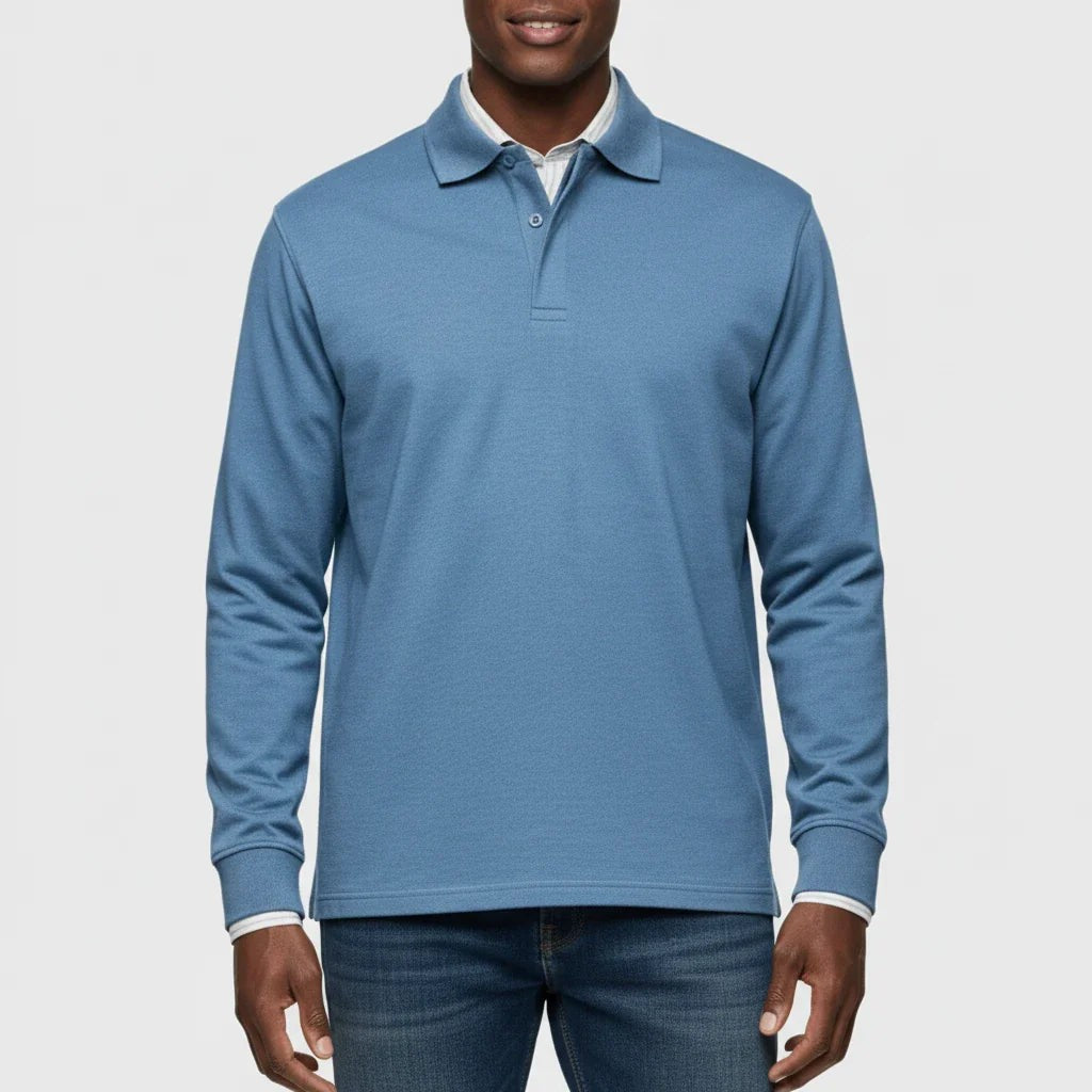 Leo | Polo pour Homme Manches Longues Coupe Classique Boutonné - Bleu