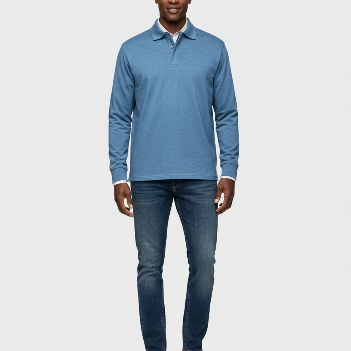Leo | Polo pour Homme Manches Longues Coupe Classique Boutonné - Bleu
