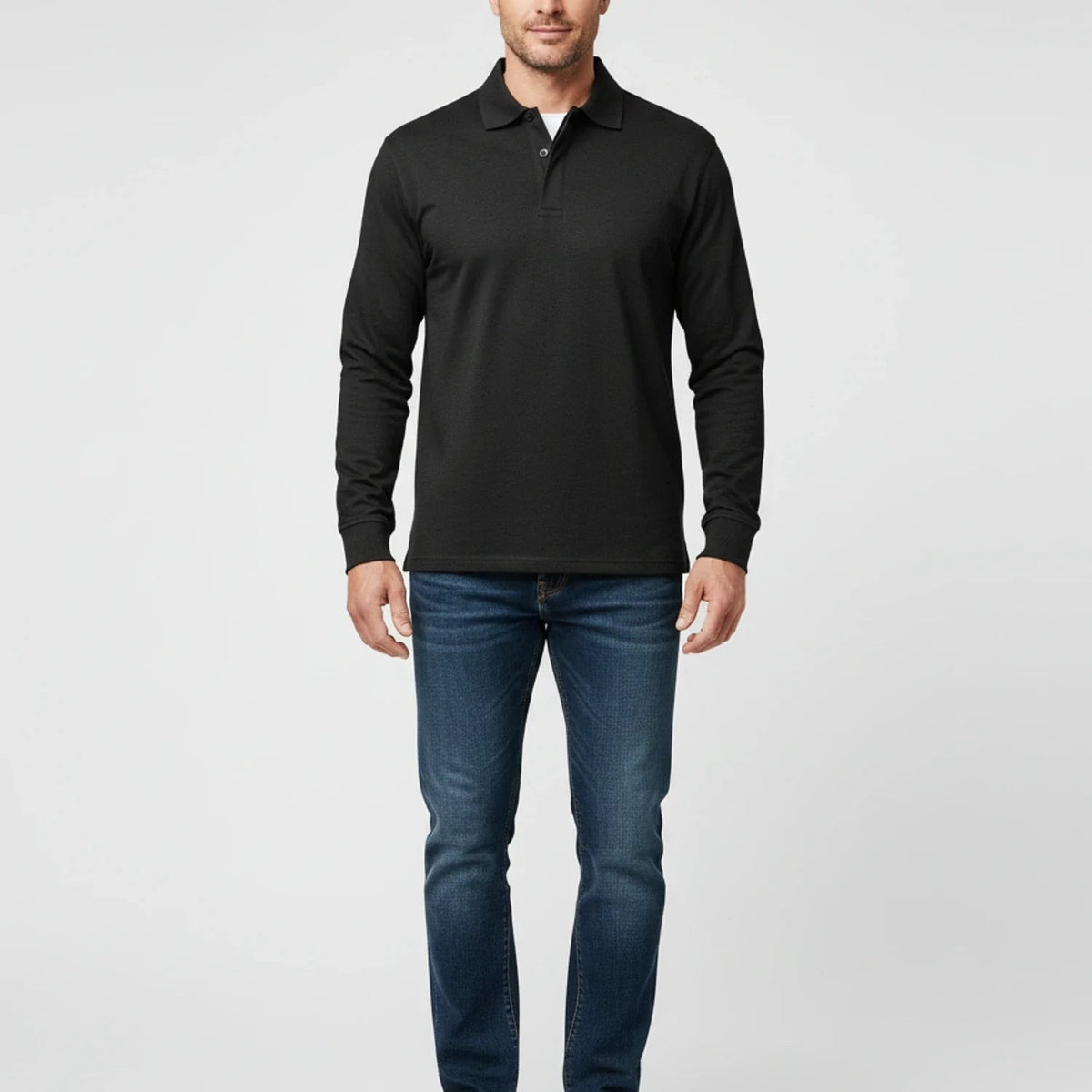 Leo | Polo pour Homme Manches Longues Coupe Classique Boutonné - Bleu