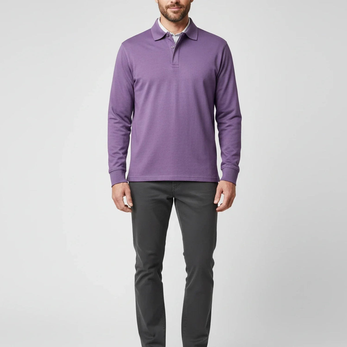 Leo | Polo pour Homme Manches Longues Coupe Classique Boutonné - Bleu