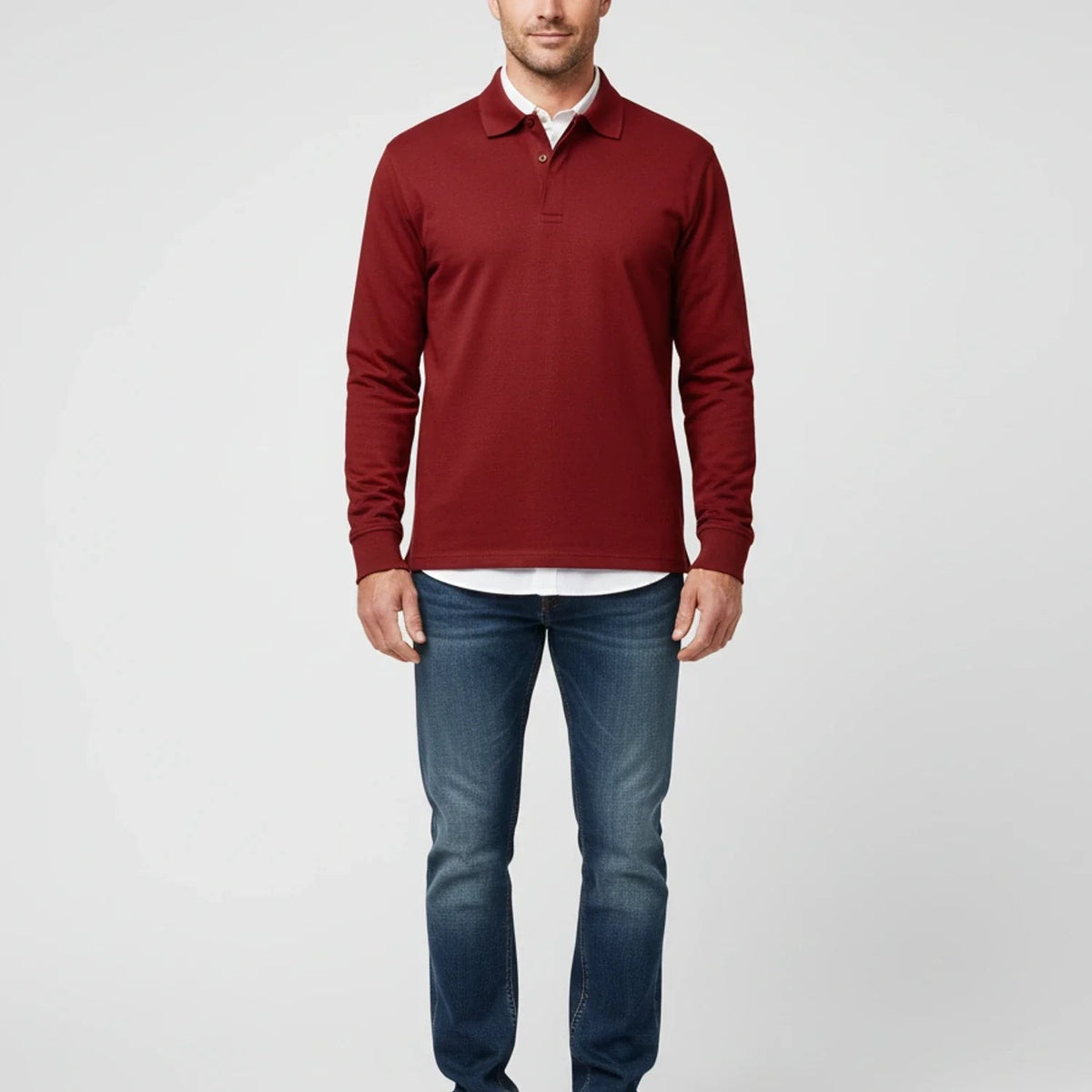 Leo | Polo pour Homme Manches Longues Coupe Classique Boutonné - Bleu