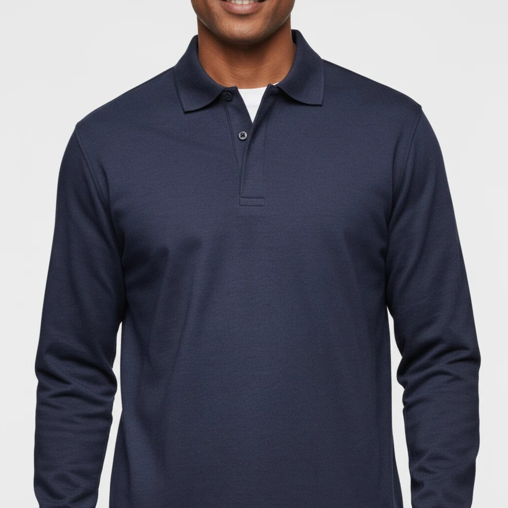 Leo | Polo pour Homme Manches Longues Coupe Classique Boutonné - Bleu Marine
