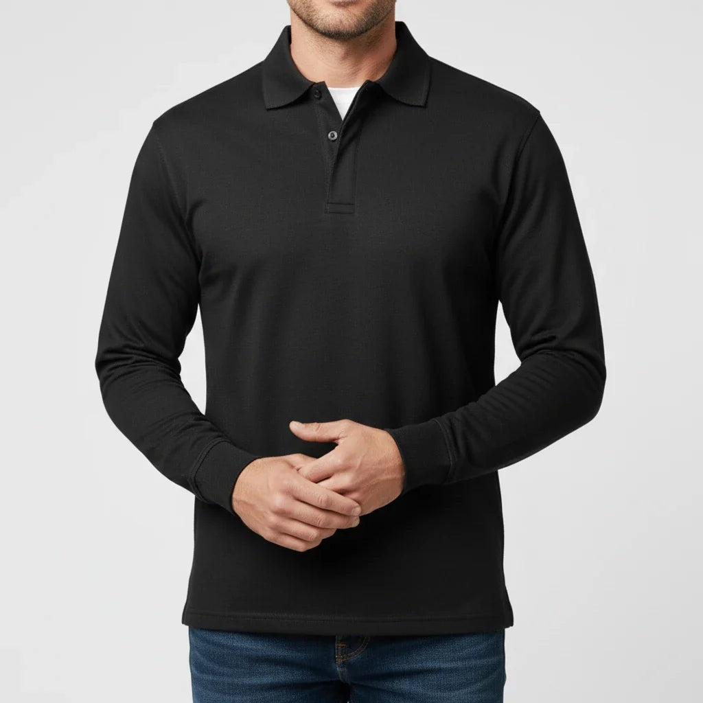 Leo | Polo pour Homme Manches Longues Coupe Classique Boutonné - Noir