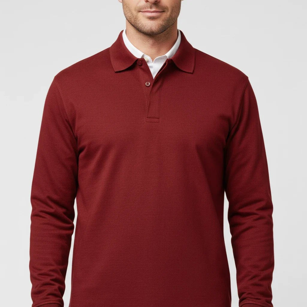 Leo | Polo pour Homme Manches Longues Coupe Classique Boutonné - Rouge