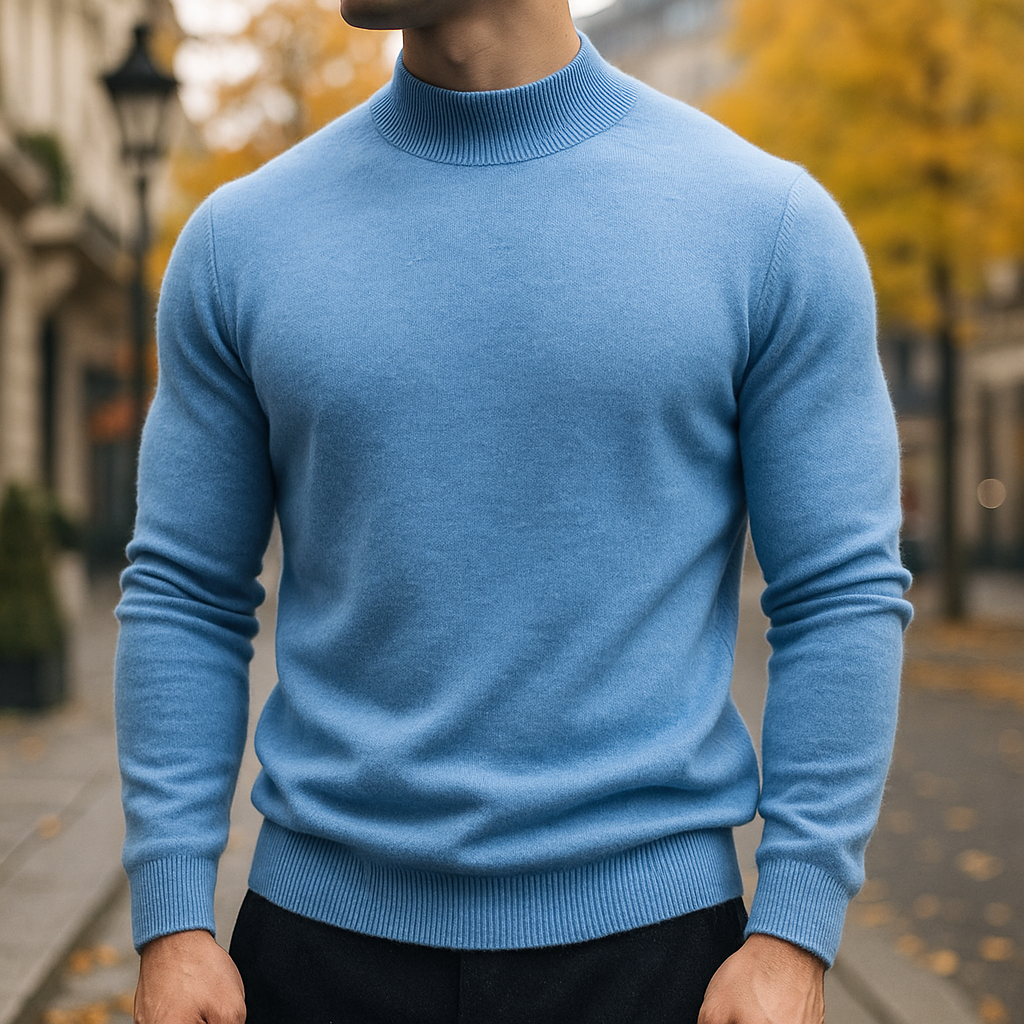 Leo | Pull Homme Col Semi-Montant Maille Fine Coupe Moderne - Bleu