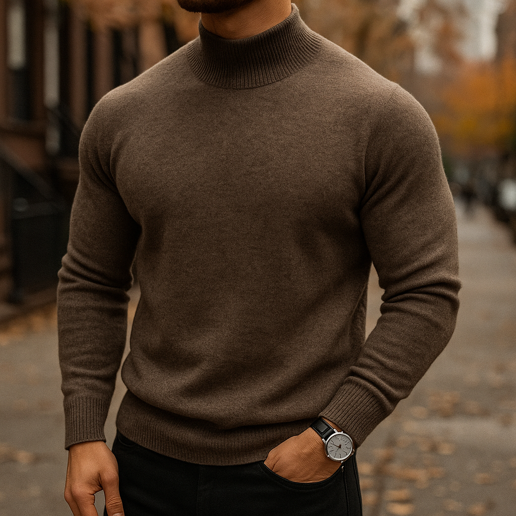 Leo | Pull Homme Col Semi-Montant Maille Fine Coupe Moderne - Café
