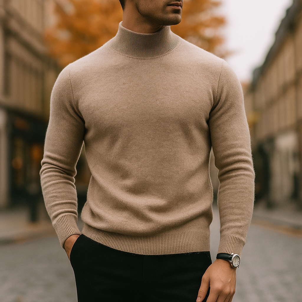Leo | Pull Homme Col Semi-Montant Maille Fine Coupe Moderne - Kaki