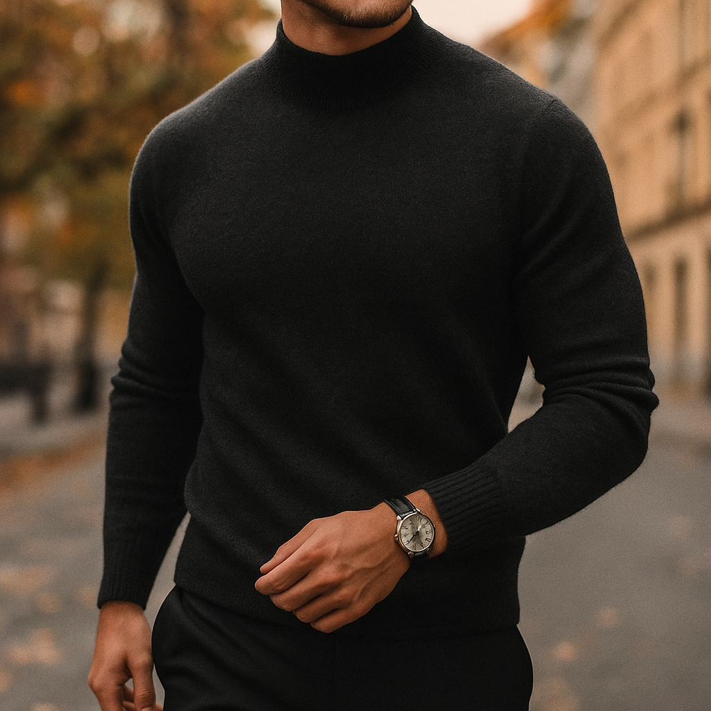 Leo | Pull Homme Col Semi-Montant Maille Fine Coupe Moderne - Noir