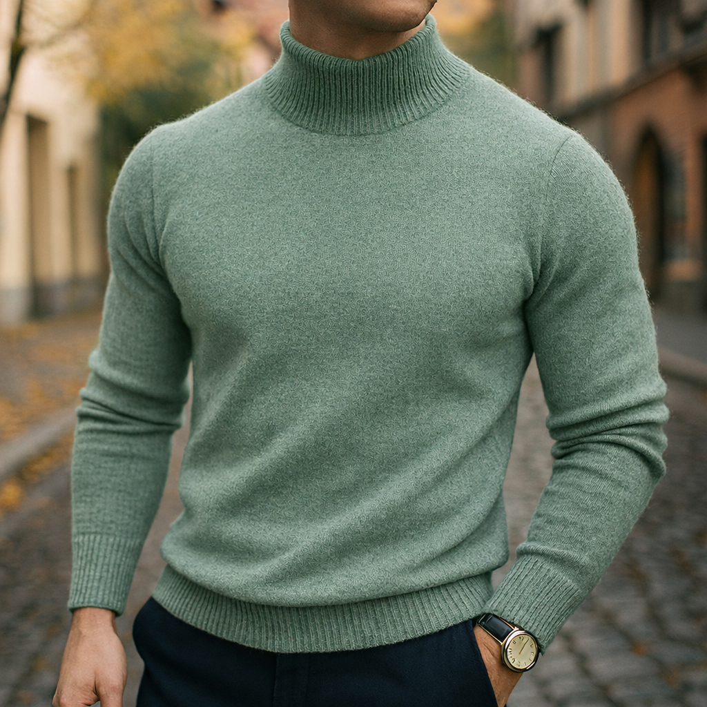 Leo | Pull Homme Col Semi-Montant Maille Fine Coupe Moderne - Vert