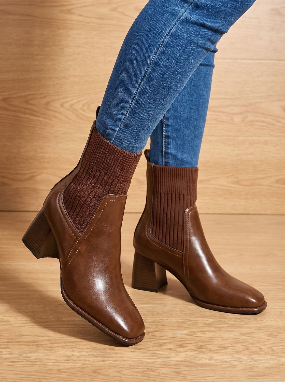 Lina | Bottines Femme Talon Bloc Tige Tricotée Enfiler - Noir