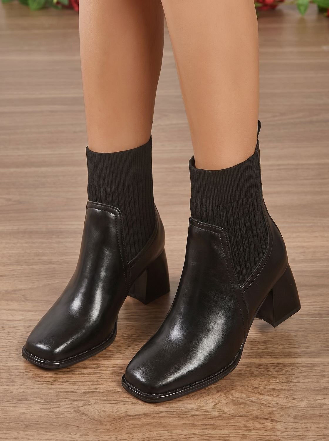 Lina | Bottines Femme Talon Bloc Tige Tricotée Enfiler - Noir