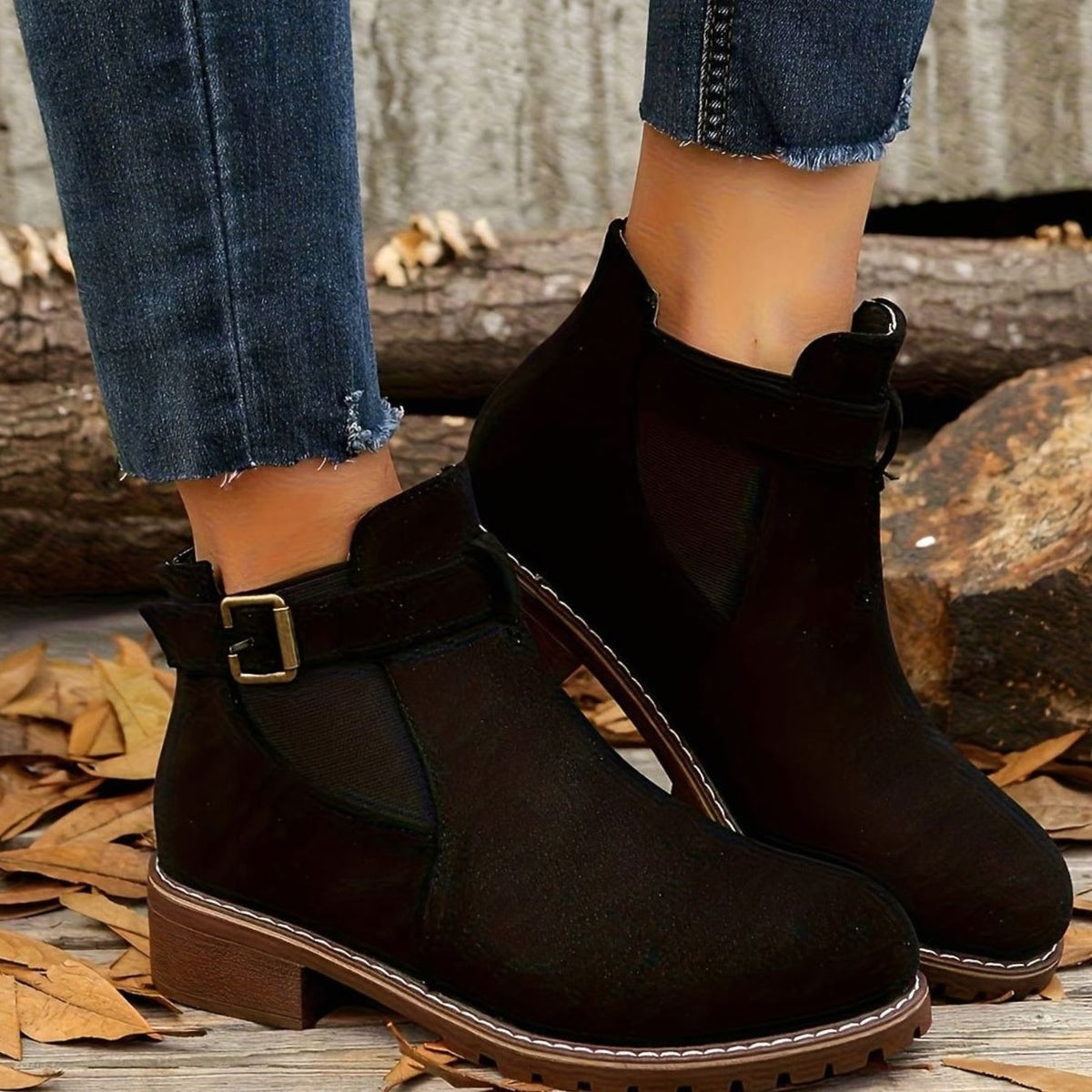 Lina | Dames Bottines Talon Bloc Lanière Boucle Style Chelsea - Noir