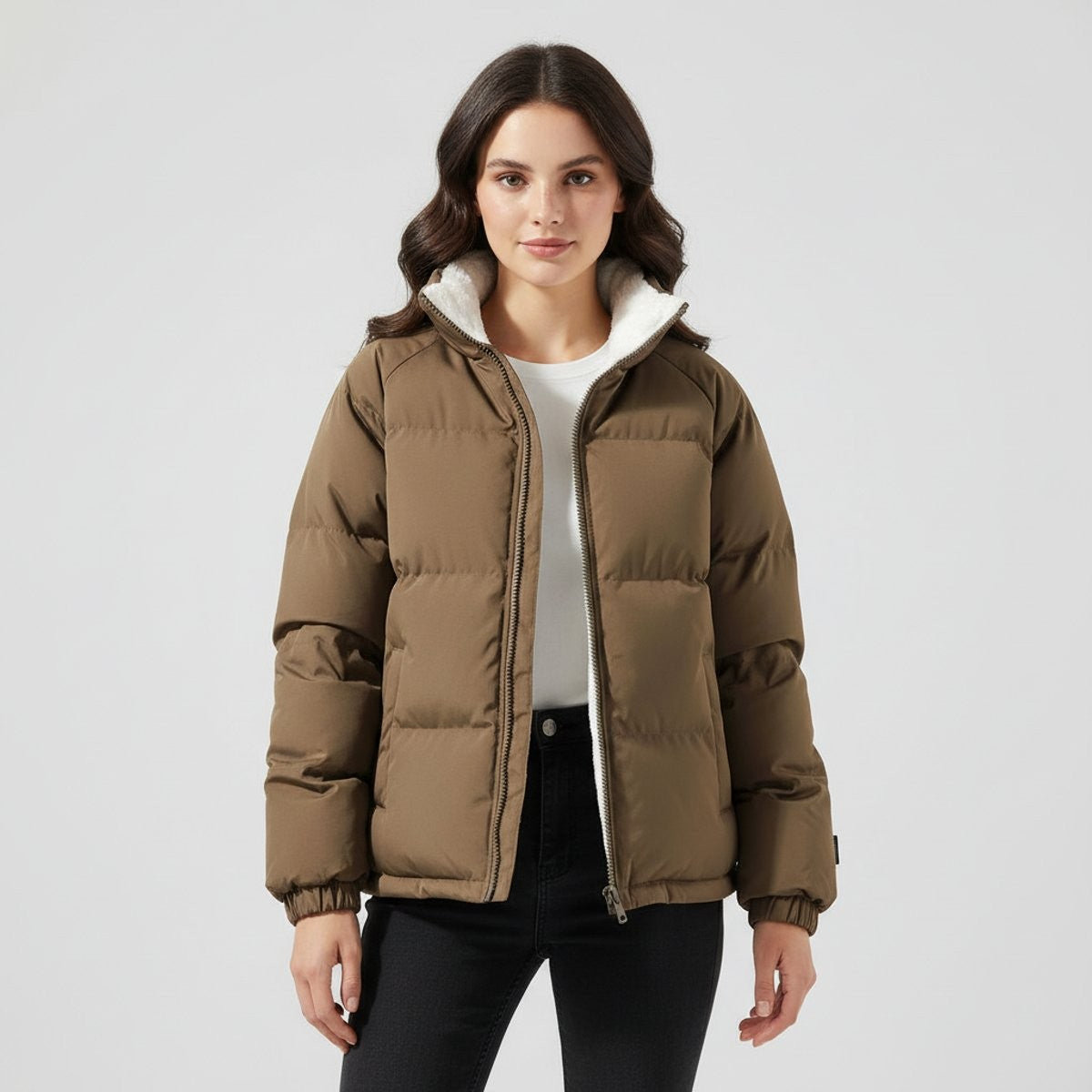 Lina | Dames Doudoune Matelassée Capuche Doublure Polaire Coupe Cintrée - Marron