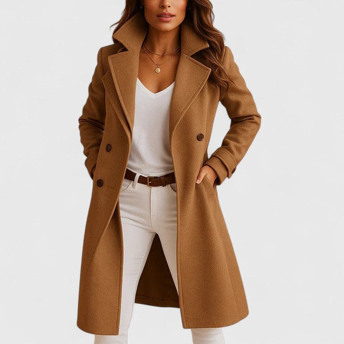 Lina | Manteau Femme Coupe Ajustée Revers Classique Boutons - Camel