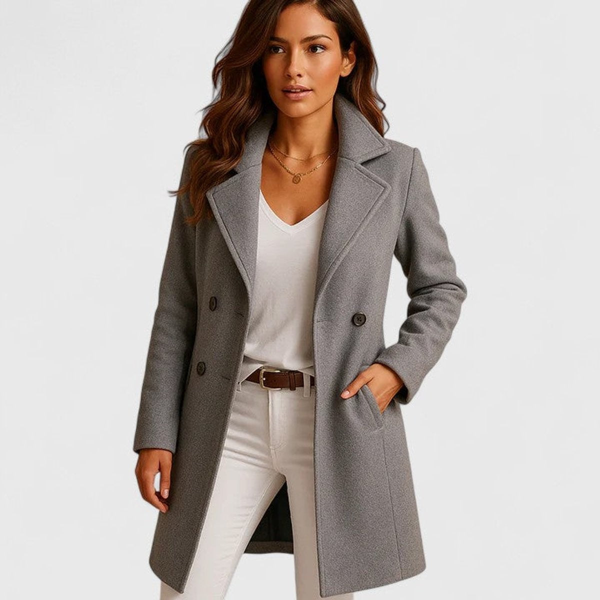 Lina | Manteau Femme Coupe Ajustée Revers Classique Boutons - Gris
