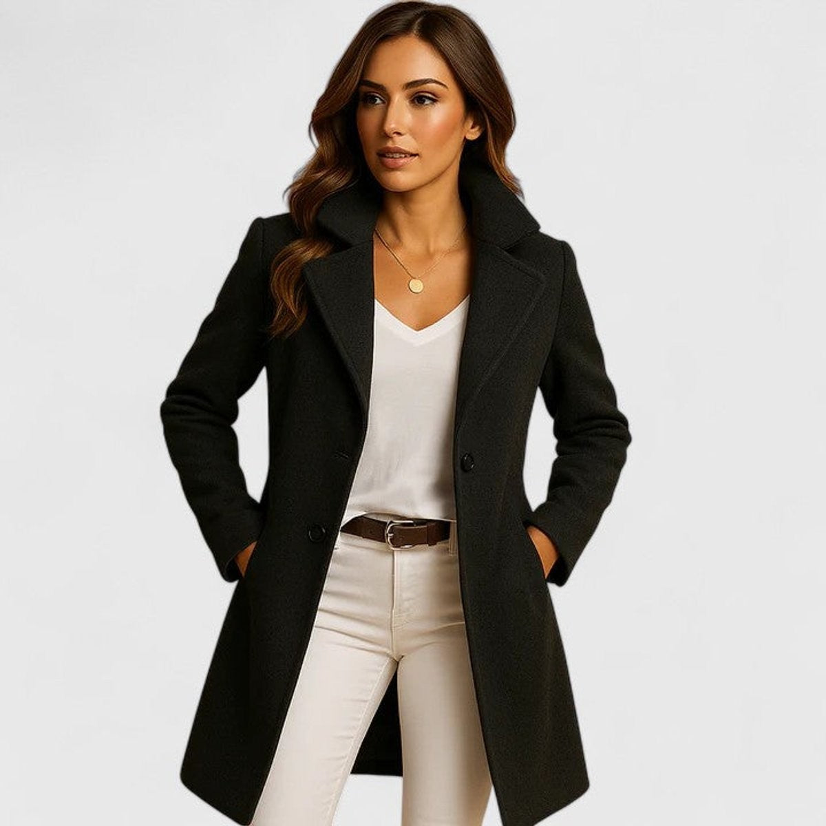 Lina | Manteau Femme Coupe Ajustée Revers Classique Boutons - Noir