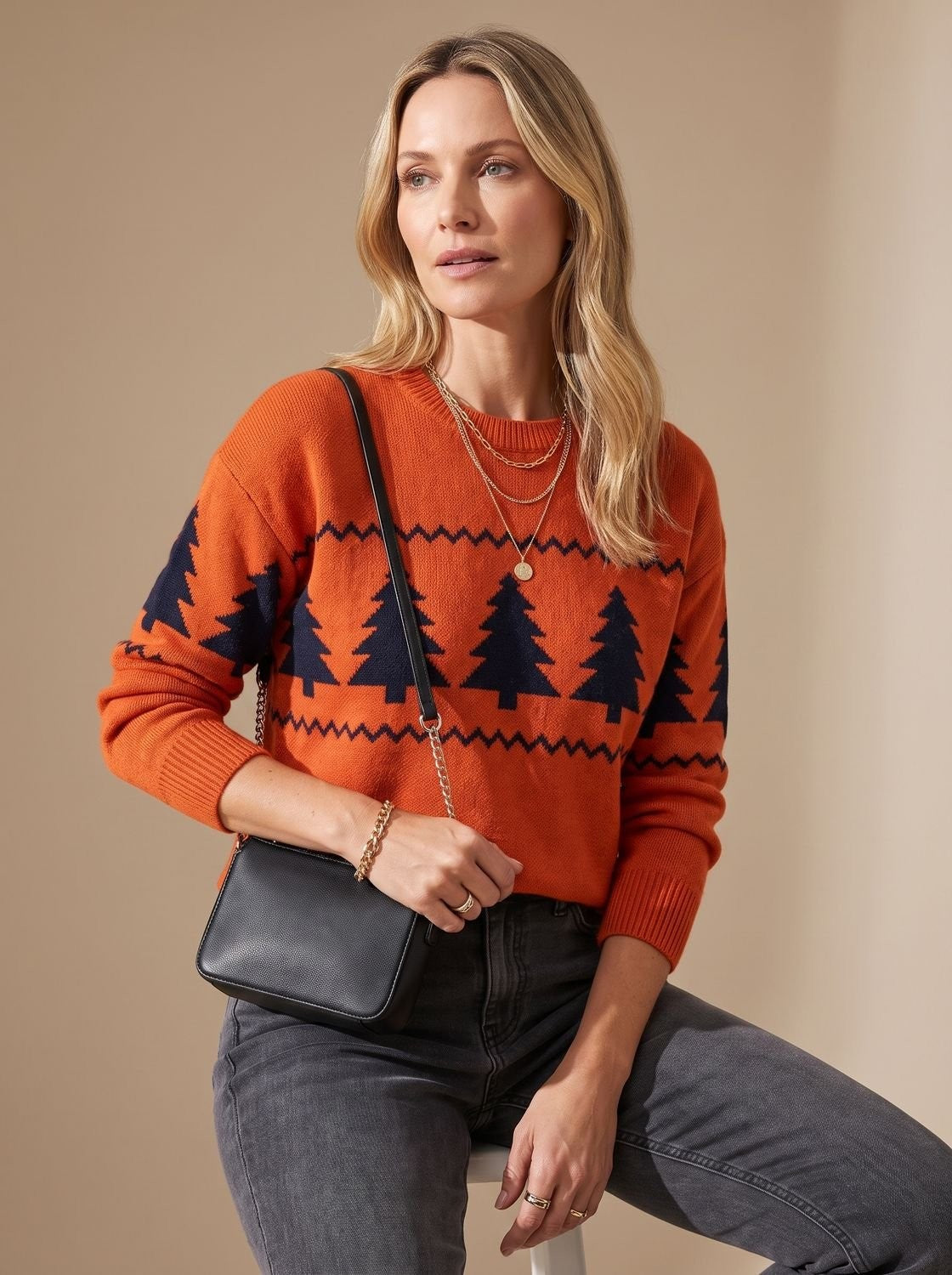 Lina | Pull de noël Femme Coupe Ample Motif Sapin Tricot Col Rond - Marron