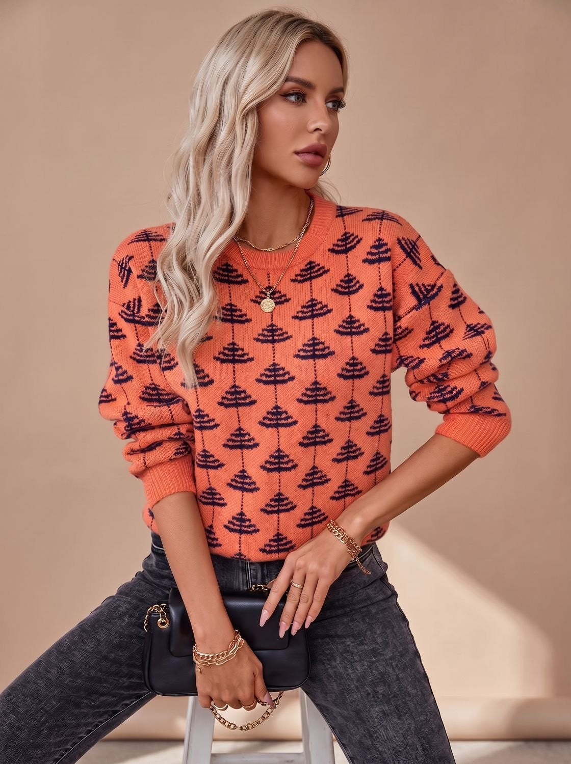 Lina | Pull de noël Femme Coupe Ample Motif Sapin Tricot Col Rond - Marron