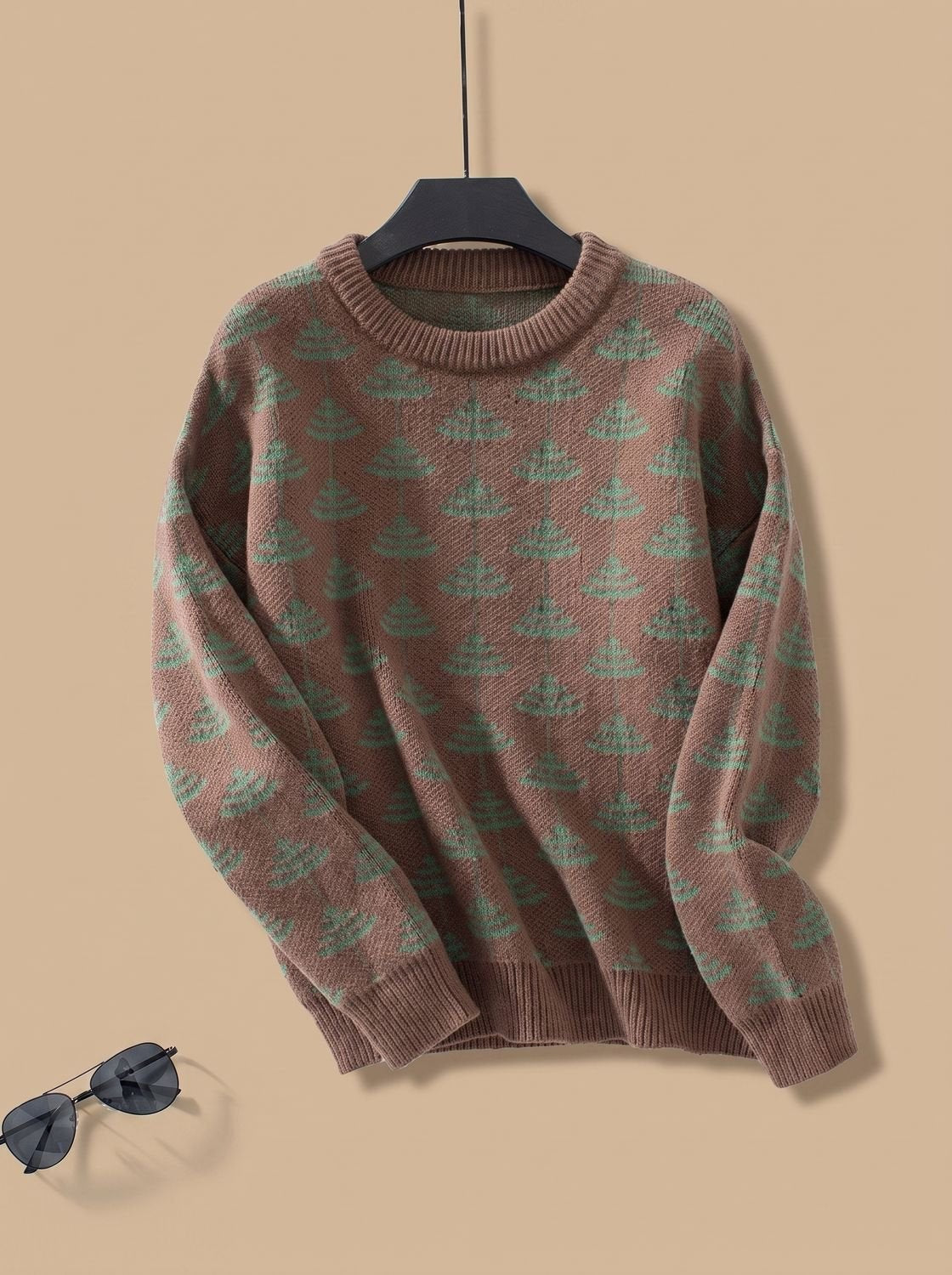 Lina | Pull de noël Femme Coupe Ample Motif Sapin Tricot Col Rond - Marron