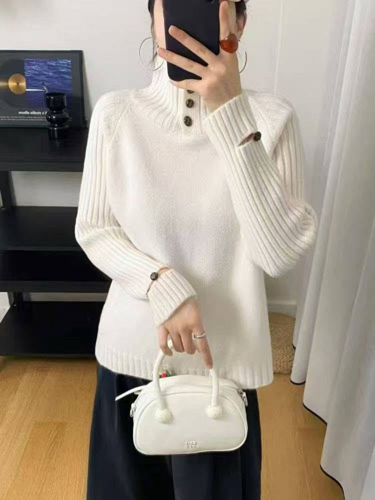Lina | Pull Femme Col Roulé Côtelé Coupe Ample Manches Raglan - Blanc