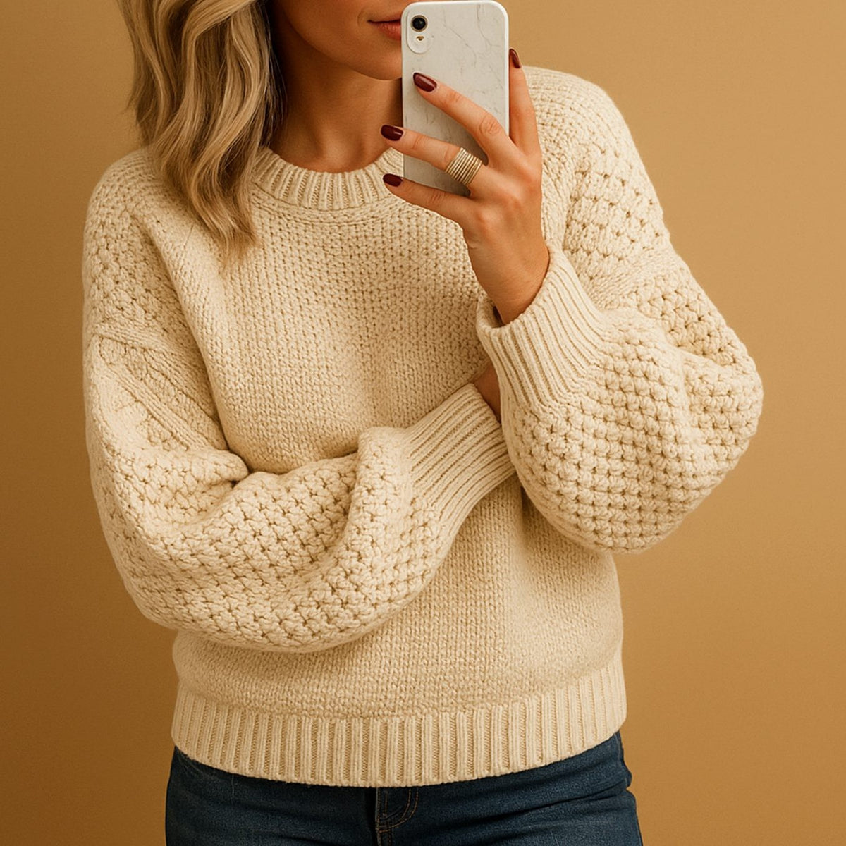 Lina | Pull pour Femme Coupe Ample Tricot Texturé Col Rond - Beige