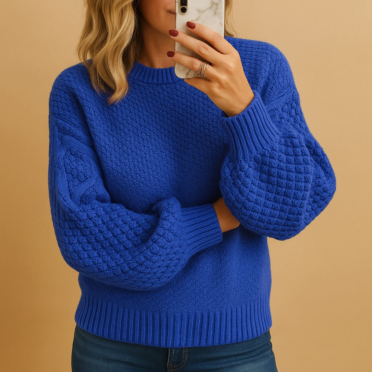 Lina | Pull pour Femme Coupe Ample Tricot Texturé Col Rond - Bleu