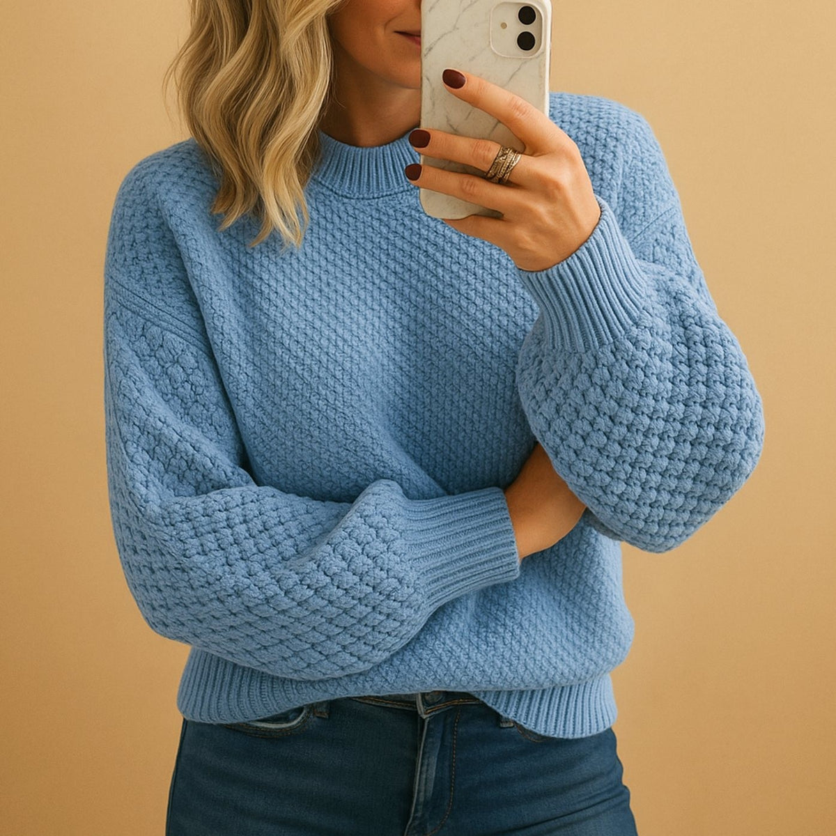 Lina | Pull pour Femme Coupe Ample Tricot Texturé Col Rond - Bleu Clair