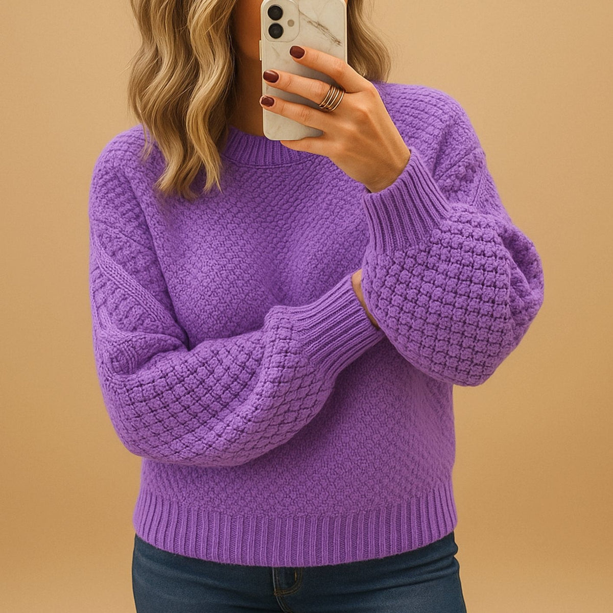 Lina | Pull pour Femme Coupe Ample Tricot Texturé Col Rond - Violet