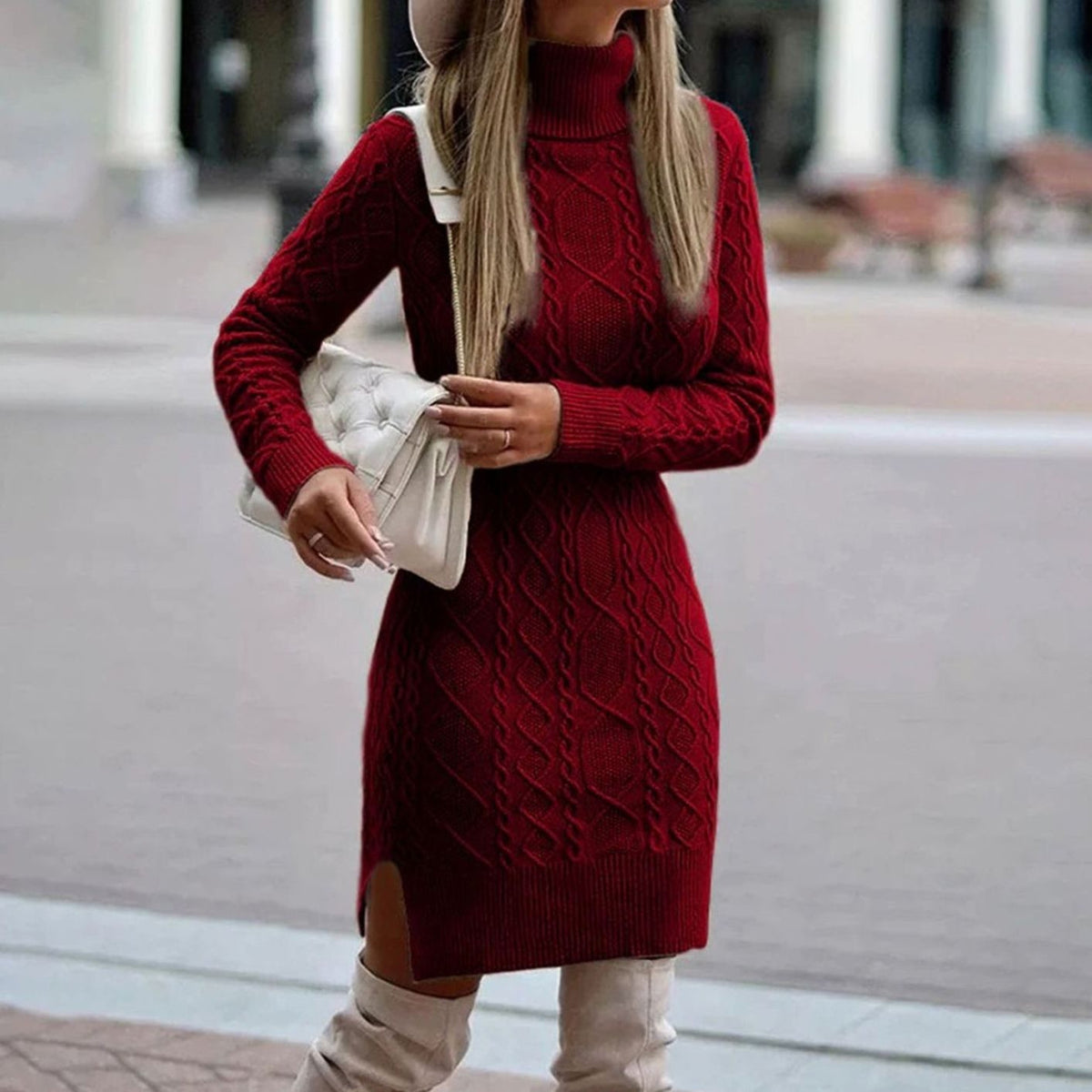 Lina | Robe pour Femme Col Roulé Côtelé Manches Longues Fente Latérale - Bordeaux