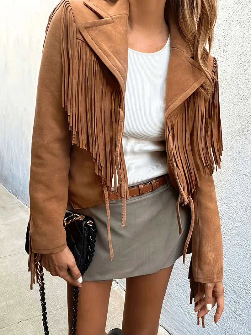 Lina | Veste Femme simili-cuir Franges Coupe Ample Boho - Marron