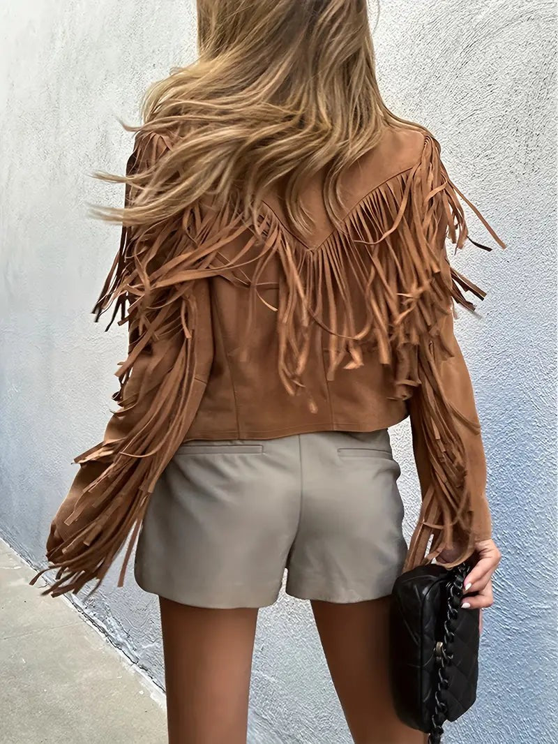Lina | Veste Femme simili-cuir Franges Coupe Ample Boho - Marron