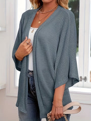 Louise | Cardigan Kimono Ouvert Tricot Waffle Manches Chauve-Souris 3/4 pour Femme - Bleu