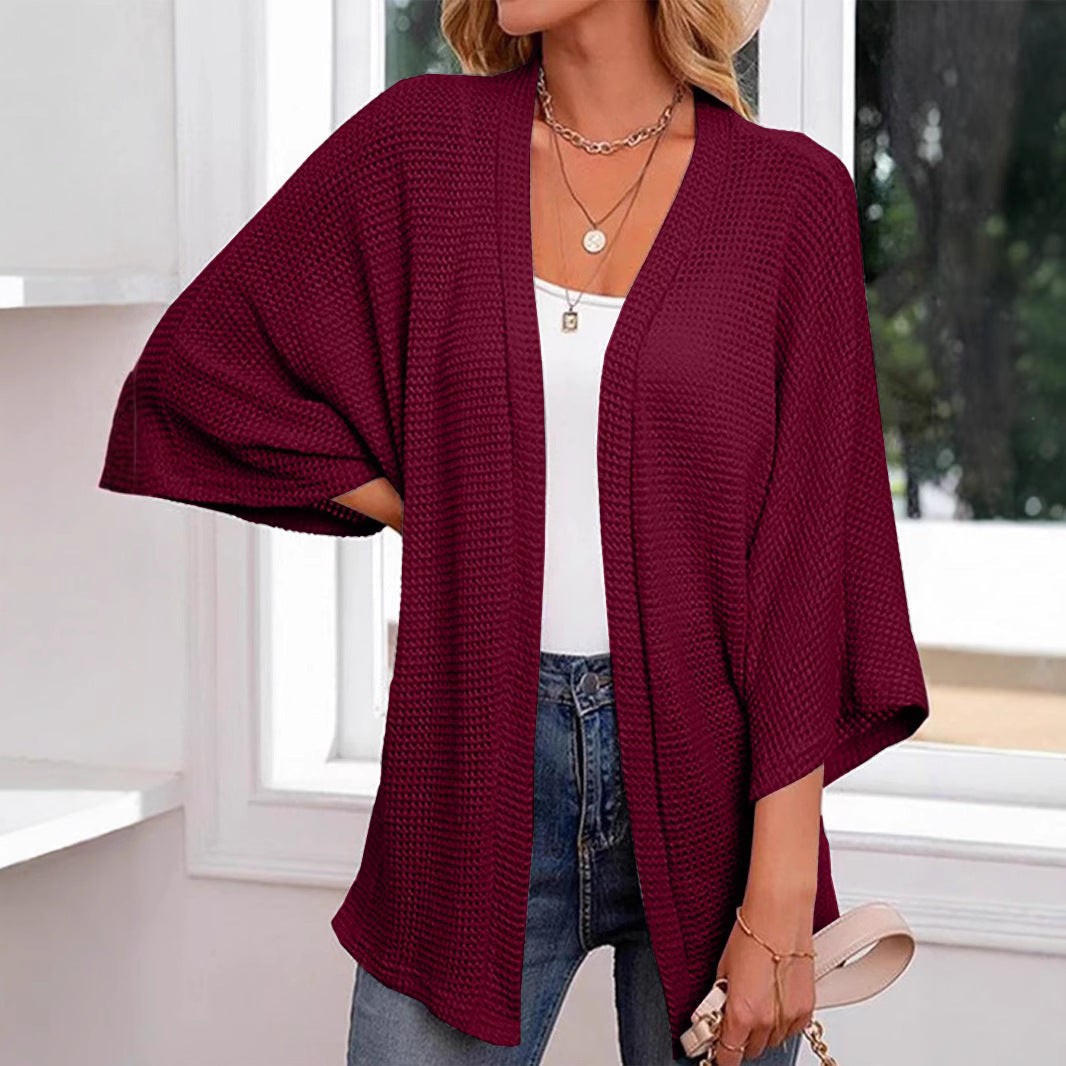 Louise | Cardigan Kimono Ouvert Tricot Waffle Manches Chauve-Souris 3/4 pour Femme - Bourgogne
