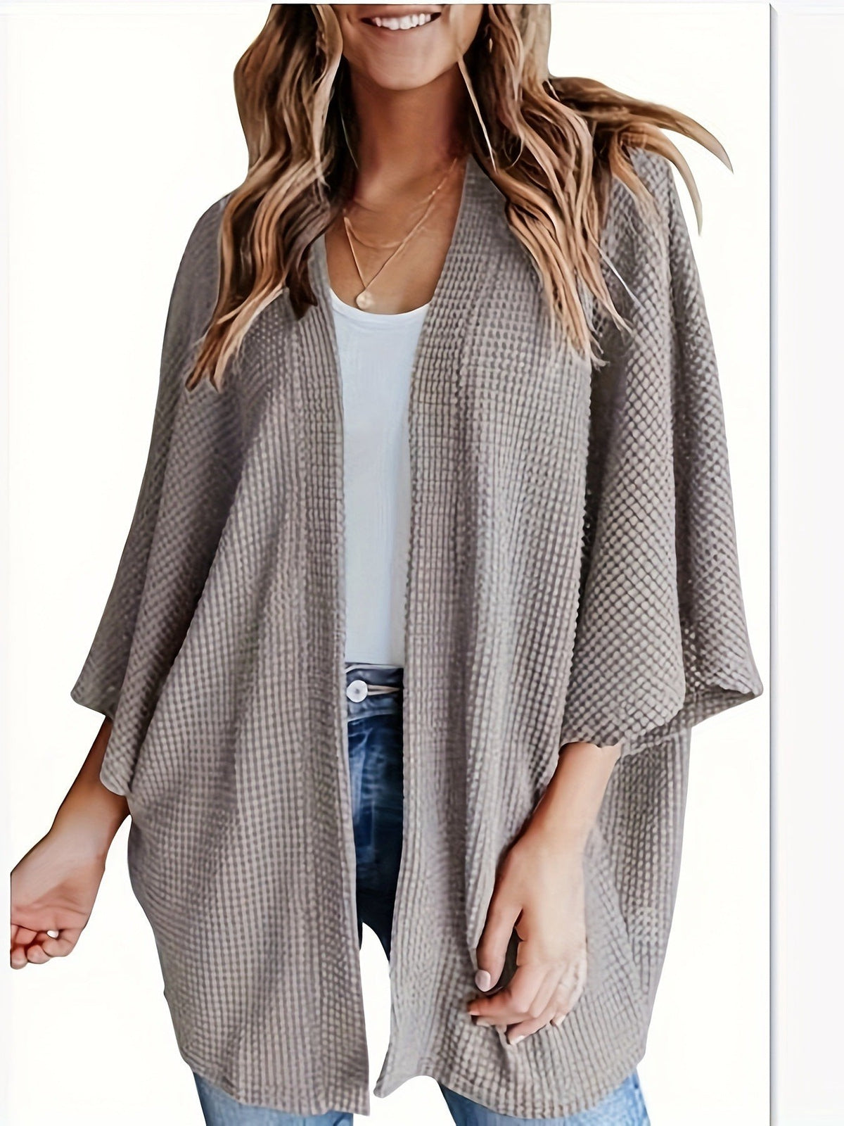Louise | Cardigan Kimono Ouvert Tricot Waffle Manches Chauve-Souris 3/4 pour Femme - Gris