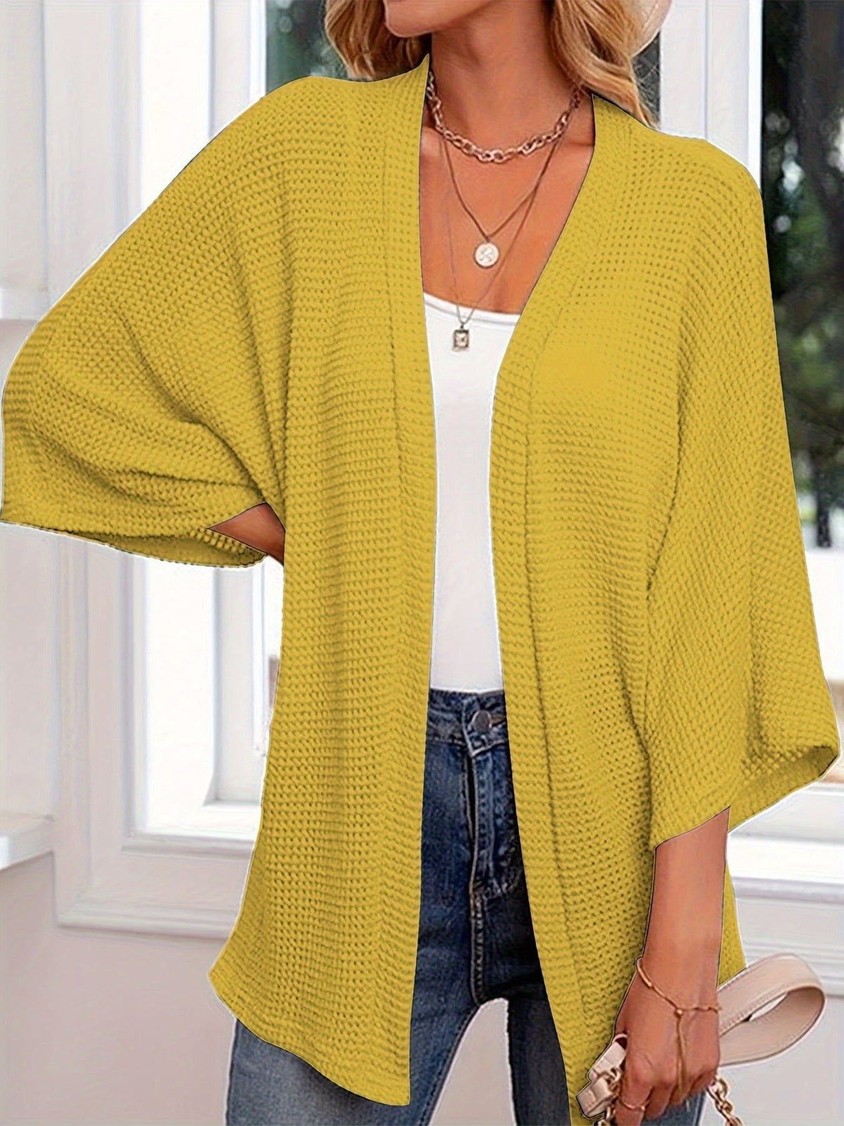 Louise | Cardigan Kimono Ouvert Tricot Waffle Manches Chauve-Souris 3/4 pour Femme - Jaune