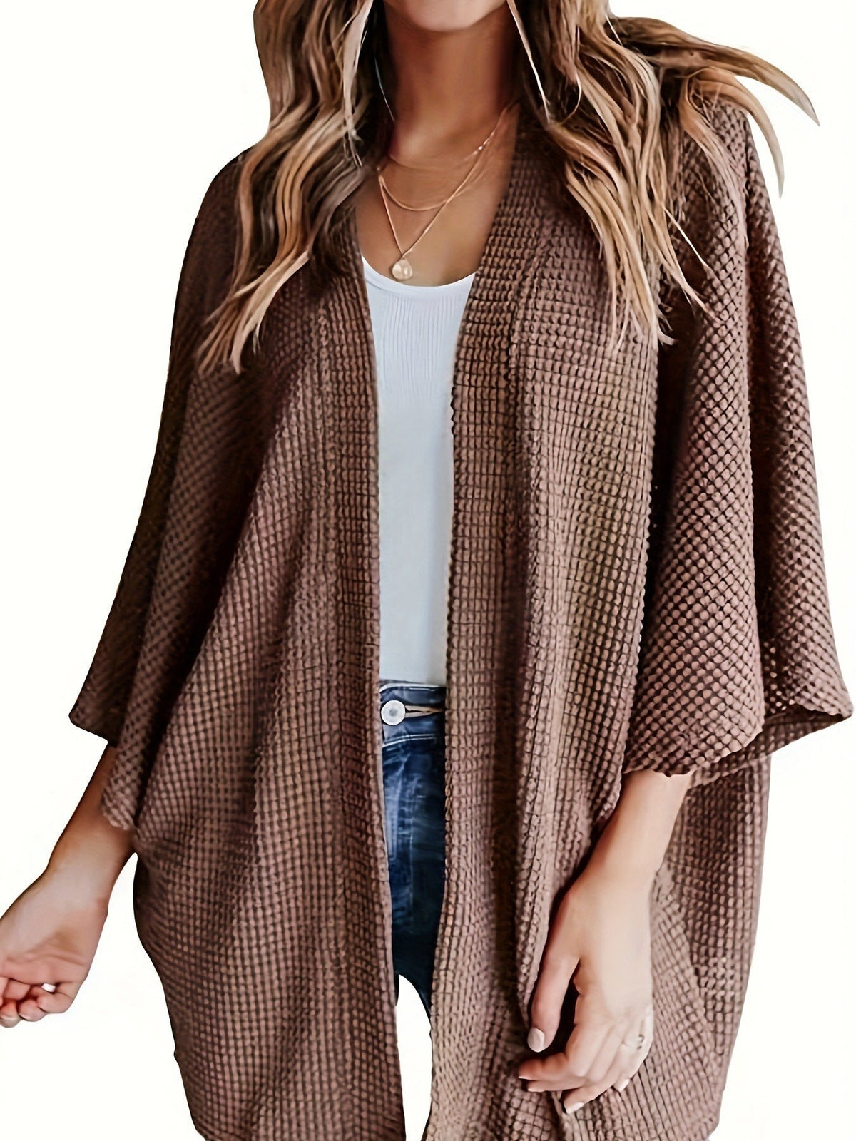 Louise | Cardigan Kimono Ouvert Tricot Waffle Manches Chauve-Souris 3/4 pour Femme - Marron