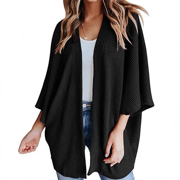 Louise | Cardigan Kimono Ouvert Tricot Waffle Manches Chauve-Souris 3/4 pour Femme - Noir