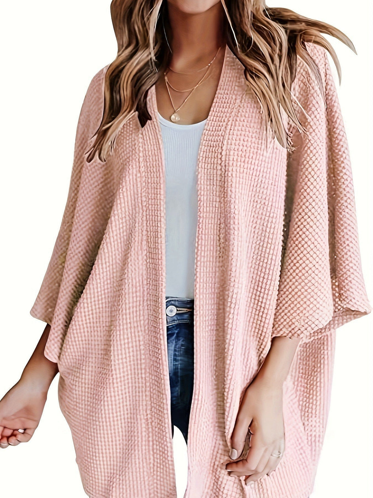 Louise | Cardigan Kimono Ouvert Tricot Waffle Manches Chauve-Souris 3/4 pour Femme - Rose