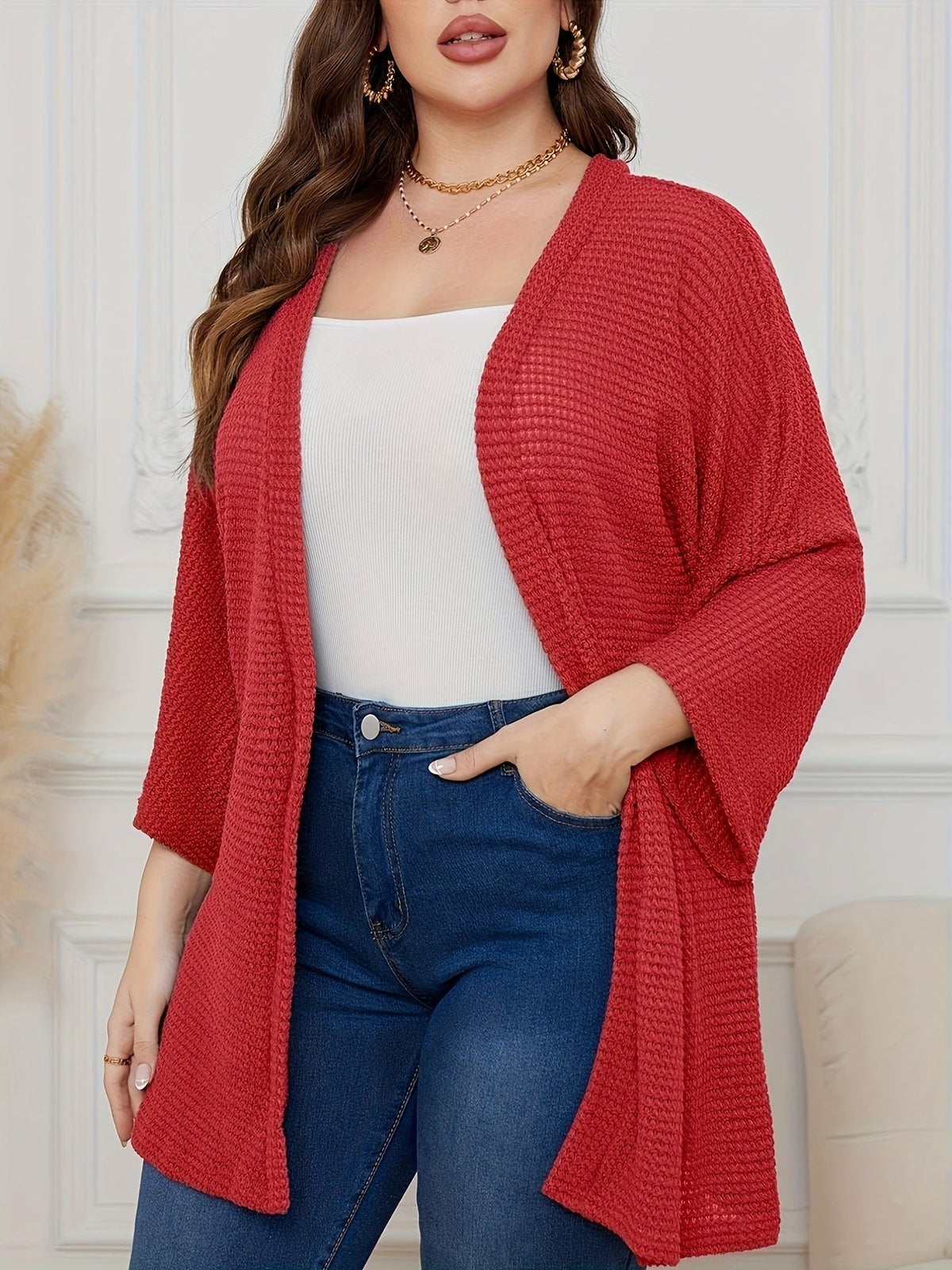 Louise | Cardigan Kimono Ouvert Tricot Waffle Manches Chauve-Souris 3/4 pour Femme - Rouge