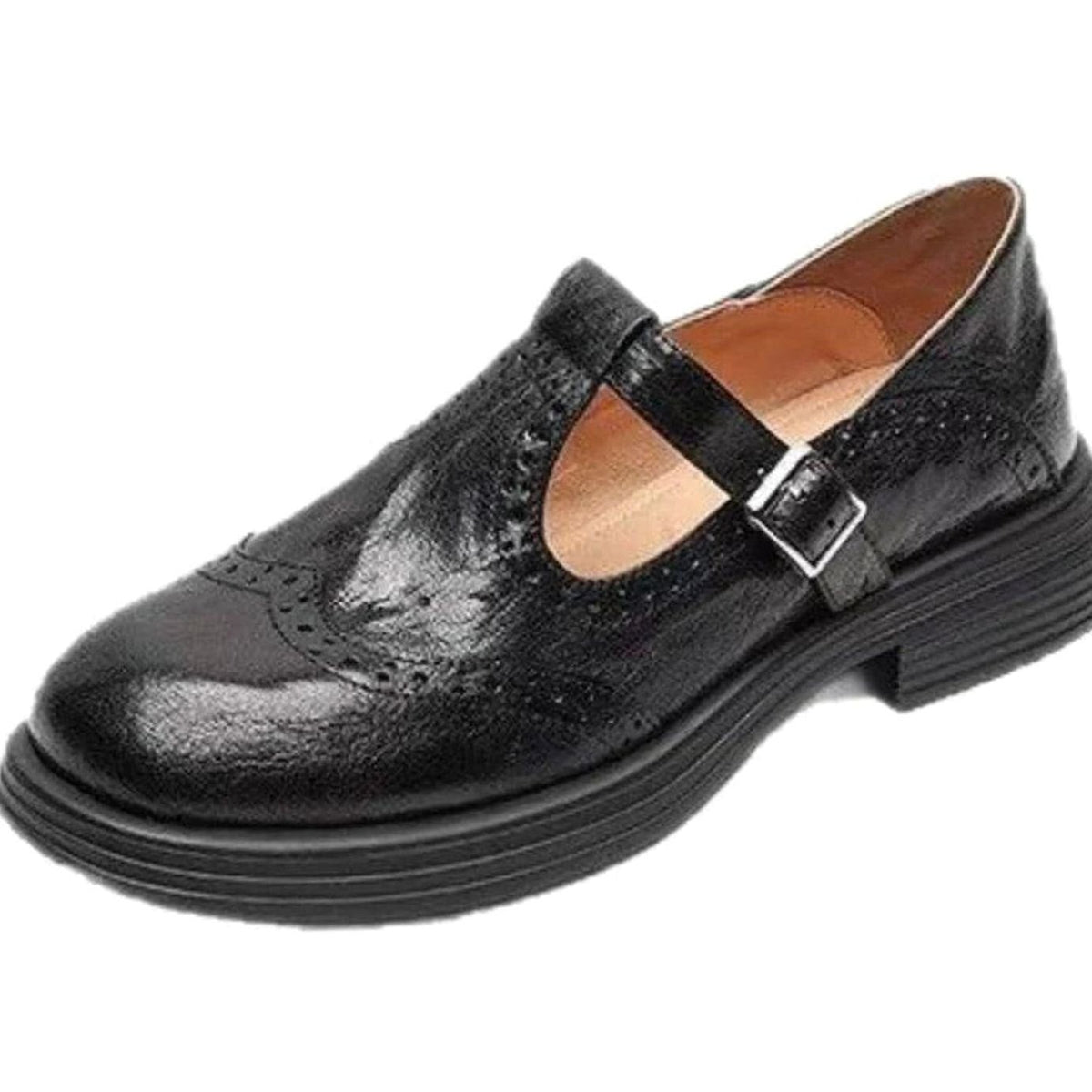 Louise | Chaussures Mary Jane pour Femme Bride T Perforations Brogue Plate - Noir