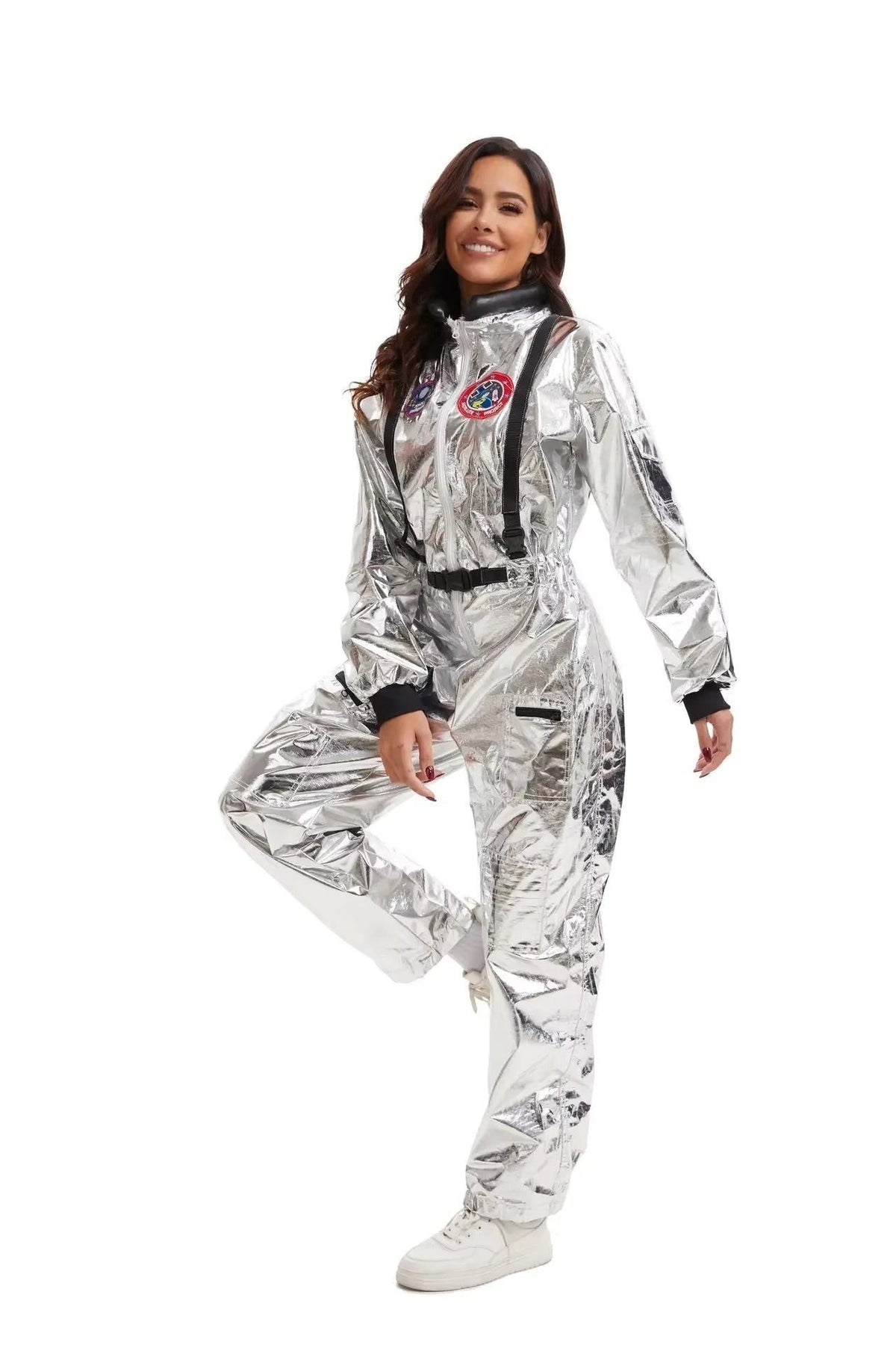 Louise | Déguisement Halloween Femme Combinaison Astronaute Métallisée Fermeture Éclair - Blanc
