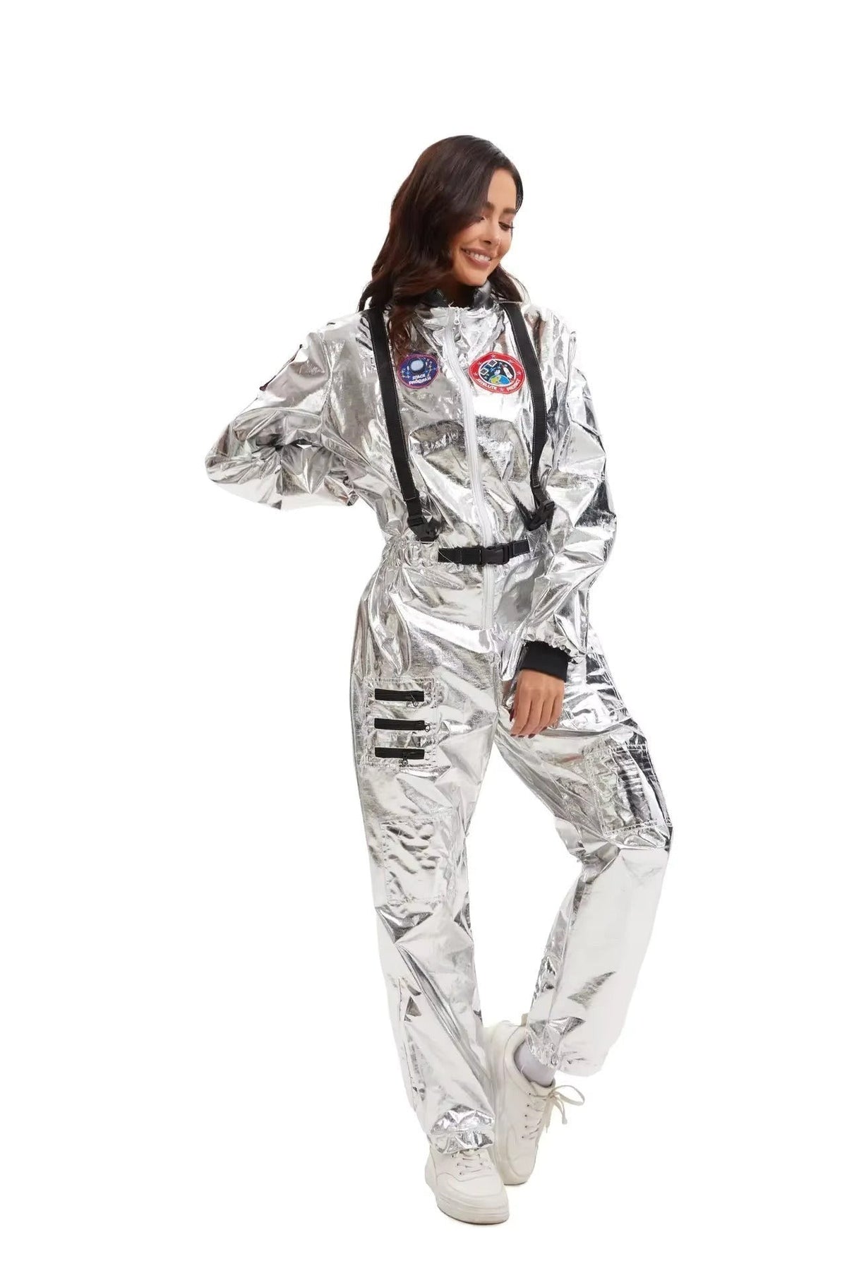Louise | Déguisement Halloween Femme Combinaison Astronaute Métallisée Fermeture Éclair - Blanc