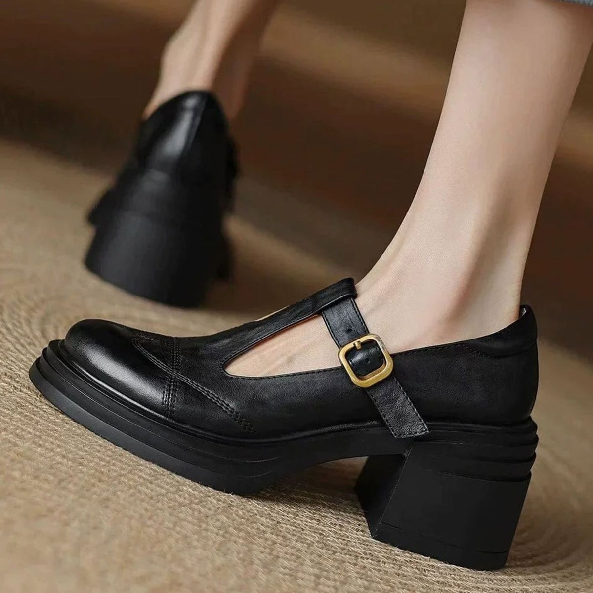 Louise | Escarpins pour Femme Bride T Talon Bloc Bout Rond - Noir