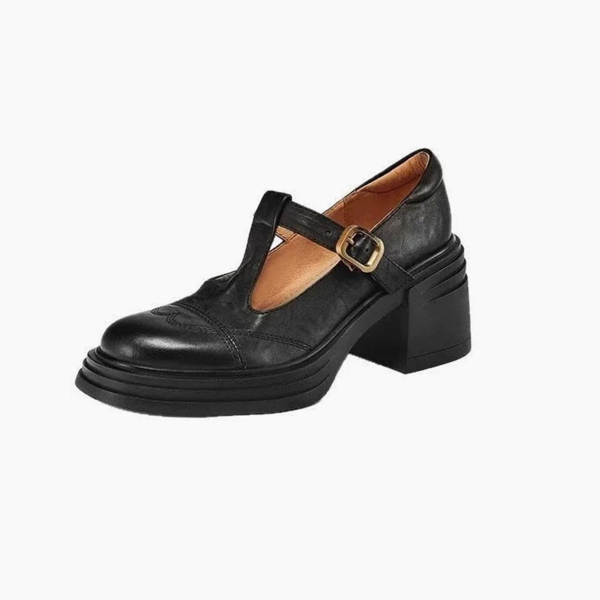 Louise | Escarpins pour Femme Bride T Talon Bloc Bout Rond - Noir