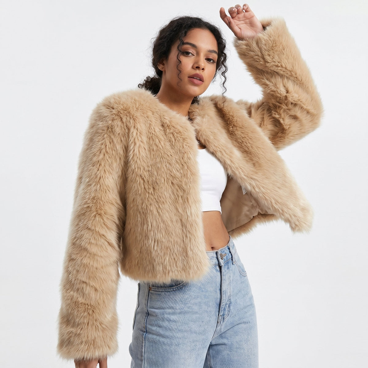 Louise | Gilet Court pour Femme Imitation Fourrure Douce Coupe Ample - Curry Clair